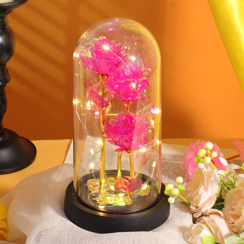 Luminous LED Rose Glass Dome Ornament with Three Flowers - Valentine's Day Bestseller Gift