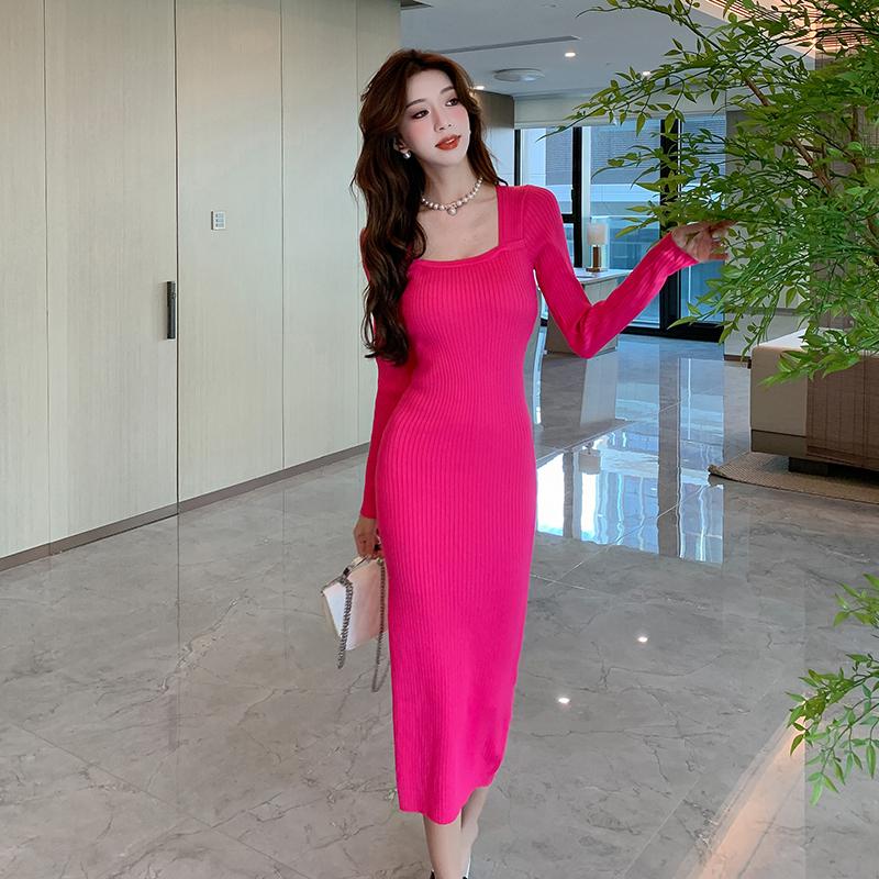 Spring Square Neck Knitted Sexy Dress Women Fashion Autumn Slim Fit Base Women's Sweater Dresses Elegant Long Sleeve Solid Winter Casual Dress 25955