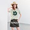 Chuyu Women's Bamboo-Knot Linen Floral Jacquard Short Sleeve Knit Top