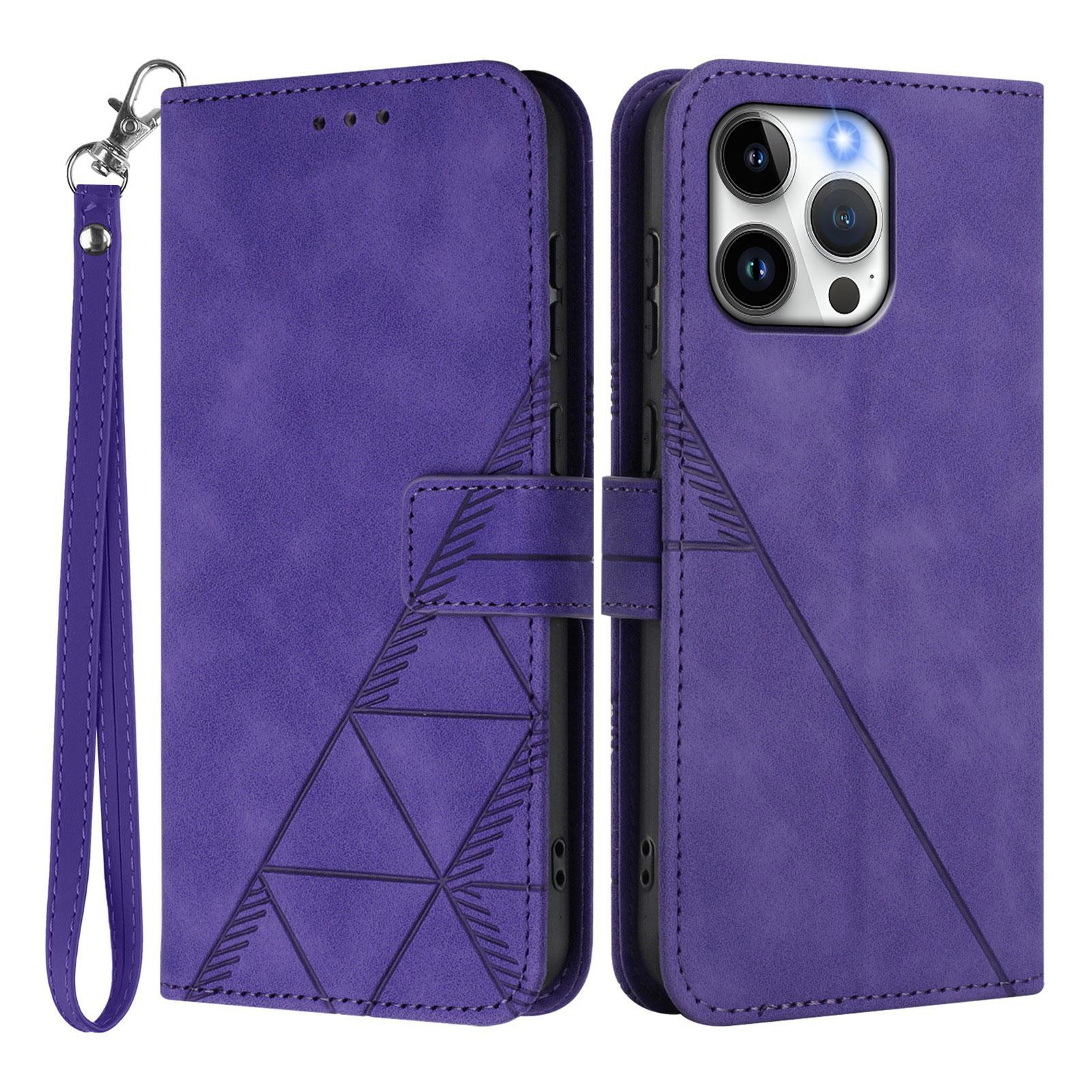 

For iPhone 15 Pro Max Leather Case with Hand Strap Wallet Stand Phone Cover Purple