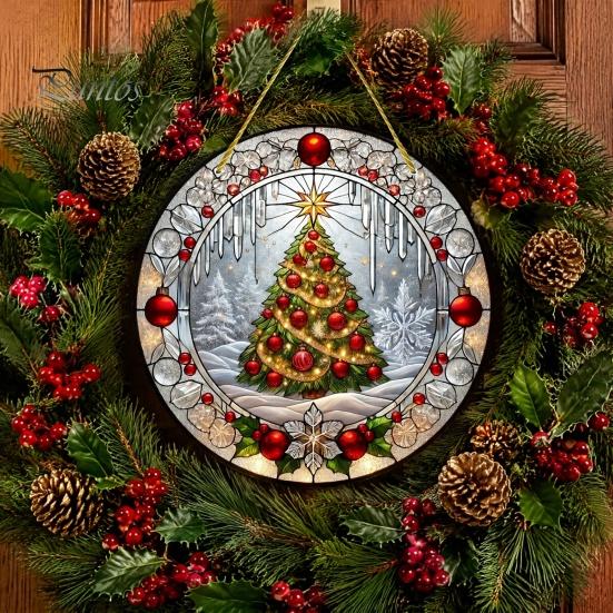 Retro Christmas Tree Hanging Pendant Stained Glass Style Acrylic Window Hanging, Snow Scene Indoor Xmas Party Decorations Suncatcher, Door Home Decor