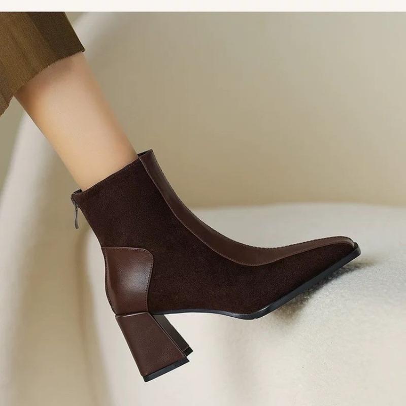 Fashion Vintage Square Toe Block Heel Booties Women French Color Block Rear Zip Simple Heel Single Boots Ankle Boots