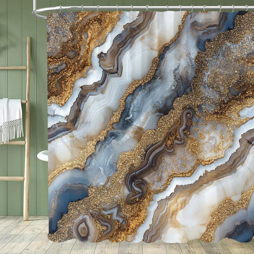 Abstract Marble Pattern Shower Curtain, Geometric Printed Bathroom Decorative Shower Curtain, Fabric Home Curtain with Hooks