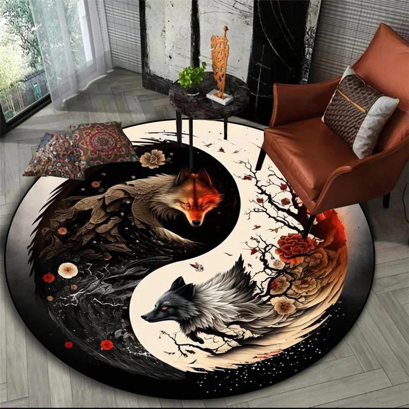 Mytická zvířata kulatý koberec – tygr, drak, lev se stromem života, fantasy koberec do obývacího pokoje, ložnice nebo meditačního prostoru