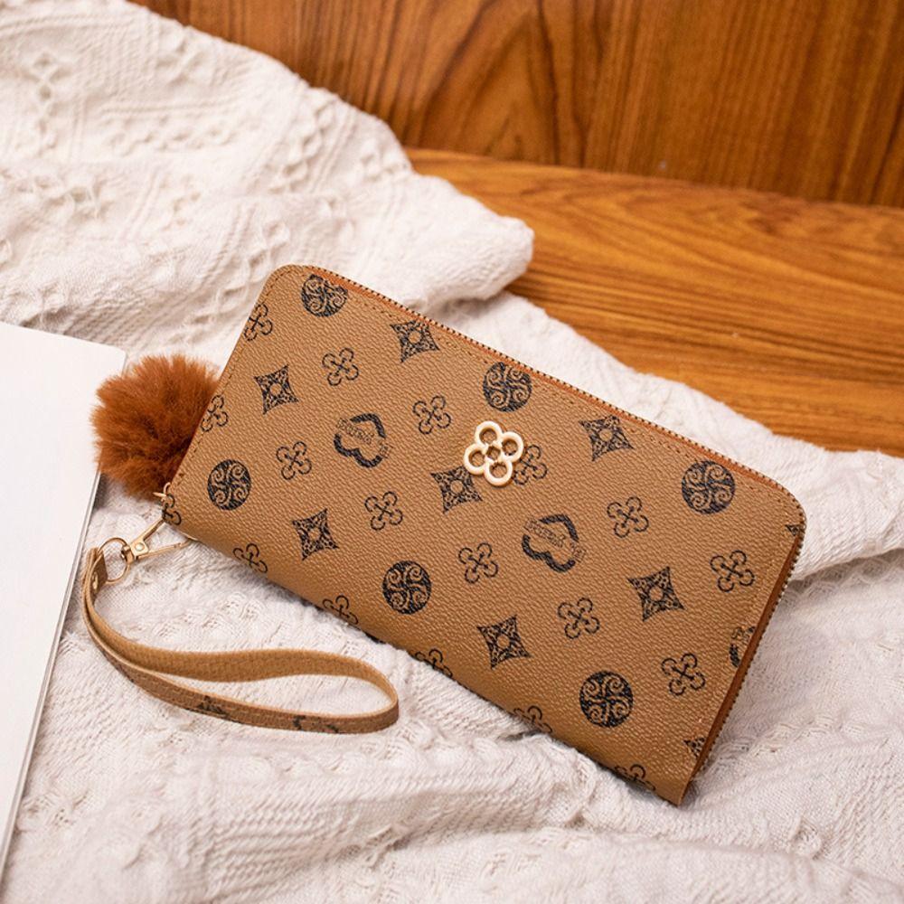 Portable Women Long Wallet Large Capacity PU Leather Zipper Coin Purse Long Clutch Bag Fluffy Ball and Printed Decoration