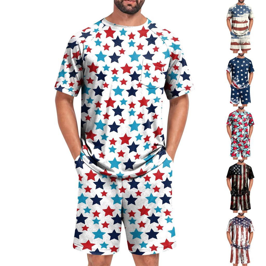Men's Short Sleeve Pajama Set Lightweight Soft Fabric Crew Neck Top and Elastic Waist Shorts Summer Homewear Sleepwear Set