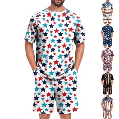 Men's Short Sleeve Pajama Set Lightweight Soft Fabric Crew Neck Top and Elastic Waist Shorts Summer Homewear Sleepwear Set