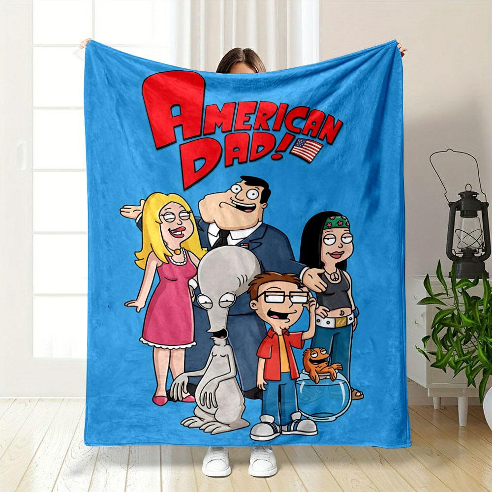 Cartoon Family Posing with a Fish, an Alien, and Bold "American Dad!" Text. for All Seasons Blanket Lunch Break Throw Gift
