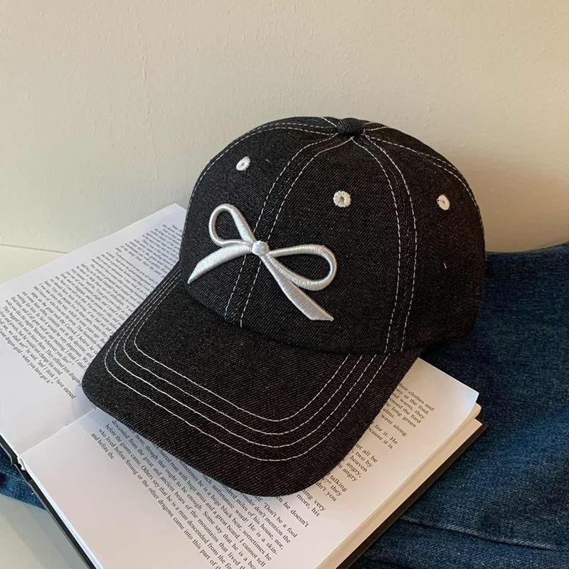 Korean Bowknot Embroidery Baseball Cap for Women Soft Cotton Adjustable Denim Duck Tongue Caps Girls Sun Visors Peaked Hat