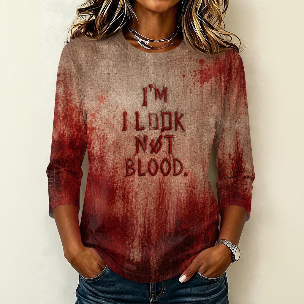 Women's Casual Round Neck Three Quarter Sleeve Halloween Print T Shirt Top Lightweight Comfortable Fit for Daily Wear
