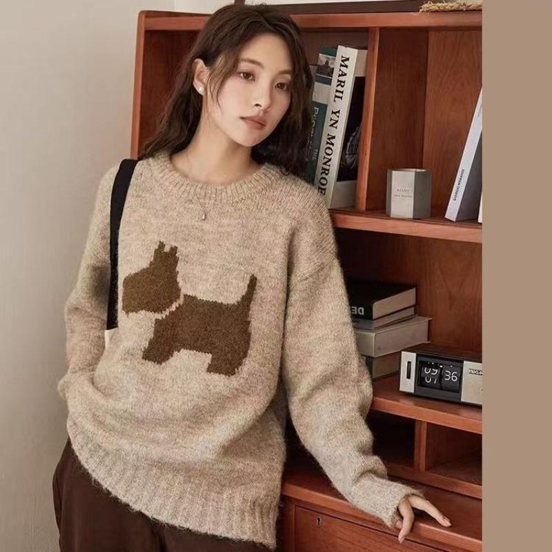 Pulover tricotat larg vintage Toamnă Iarnă 2026 Gât rotund Croșetat Model Câine Confortabil Supradimensionat Pulover