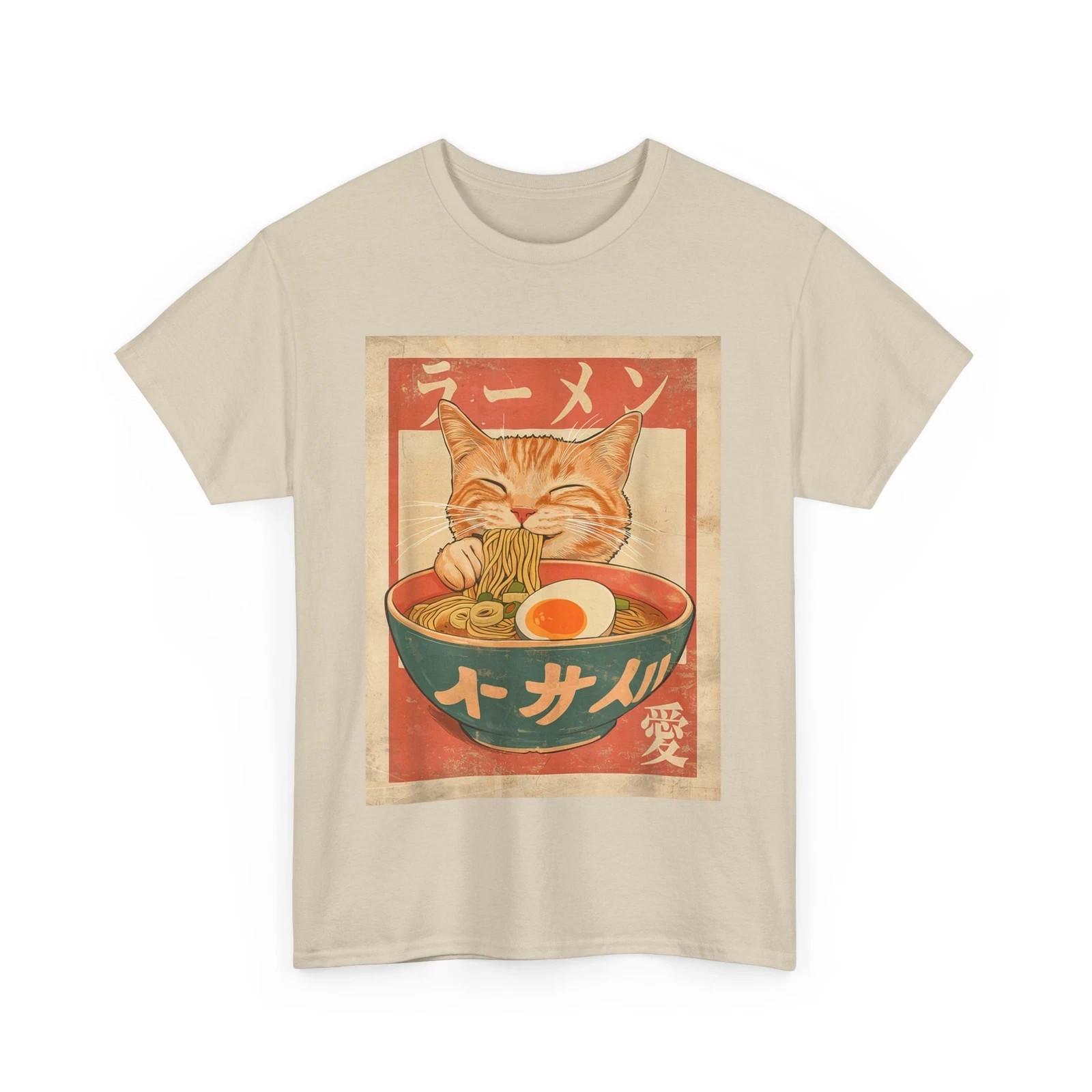 Cat Ramen Funny Japanese Vintage Graphic Tee Kawaii Anime T-Shirt Unisex L