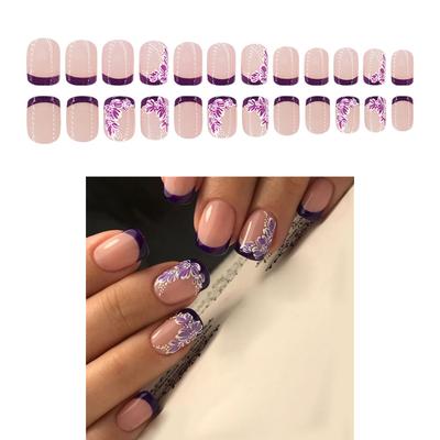 24 Stück Kurze Quadratische Falsche Nägel Blumen Künstlicher Nagel French Tip Aufkleben Nagel Glänzend Aufdrücken Nagel für Frau
