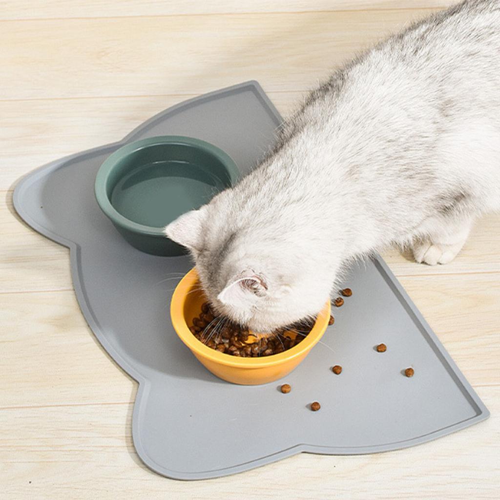 Cat Bowl Mat 17.3in Long 9.8in Wide Soft Anti Slip Silicone Spill Proof Pet Food Pad for Home Indoor Floor Gray