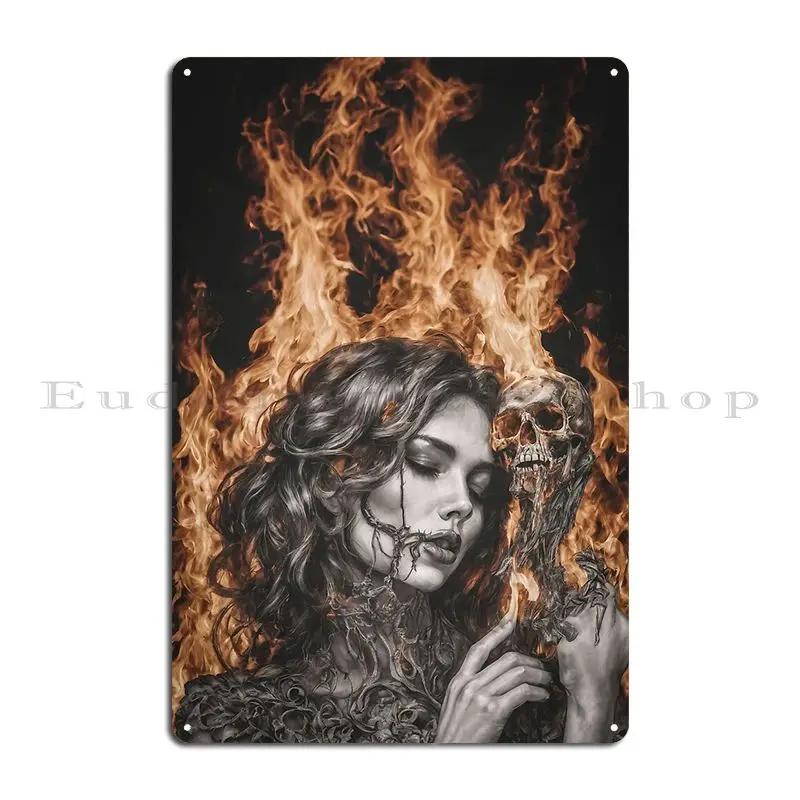 Flaming Beauty Skull Girl Art For Rock Lovers Gift Idea Creativesparkss Metal Plaque Living Room Classic Tin Sign Poster