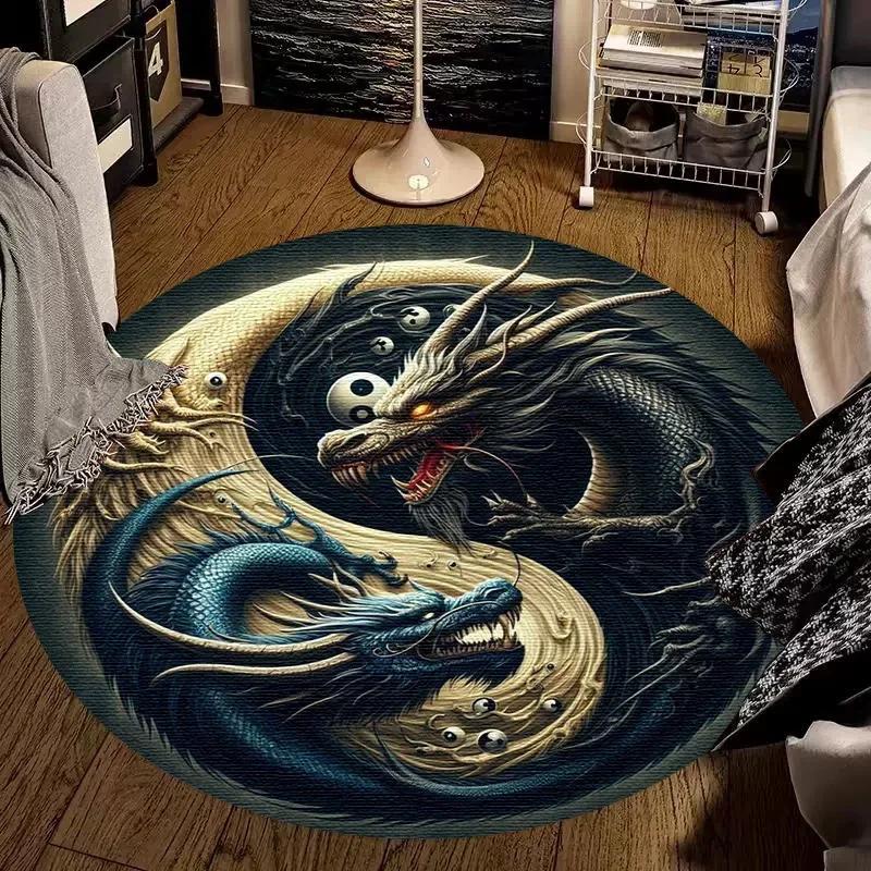 Crystal Velvet Tree of Life Round Rug, Dragon Tiger Yin Yang Print Non Slip Floor Mat for Living Room, Bedroom, Home Decor