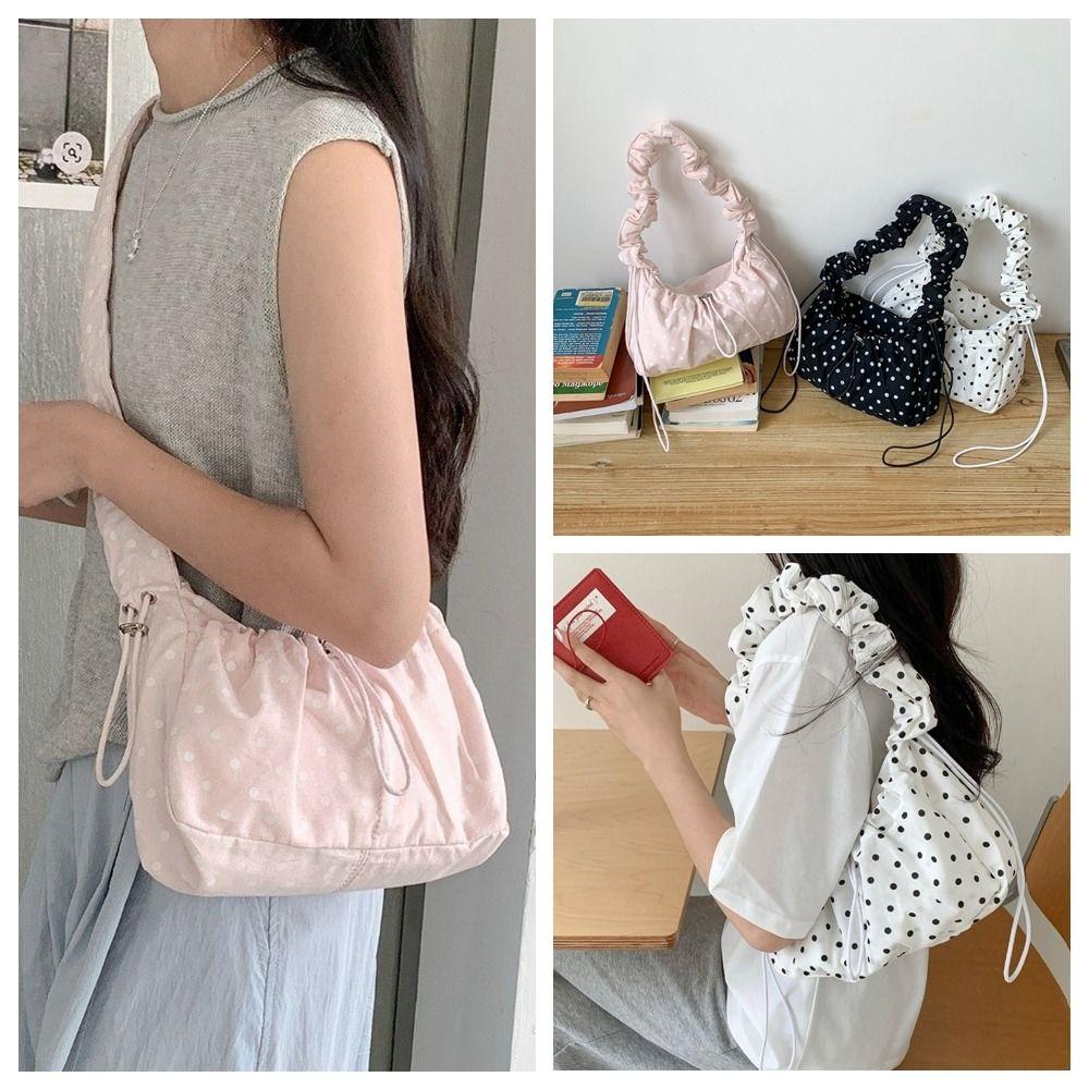 Korean Style Drawstring Shoulder Bag Versatile Pleated Strap Tote Bag Travel