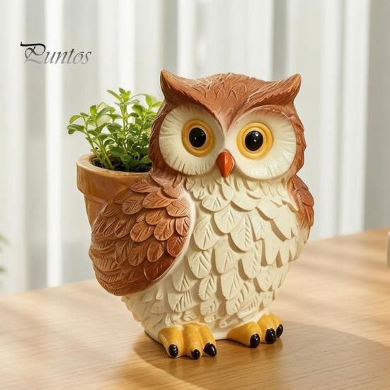 Hand Painted Owl Statue Cute Cartoon Planter, Resin Small Planter Pot, Decorative Micro Landscape Plant Pot for Succulents, Indoor Garden Balcony