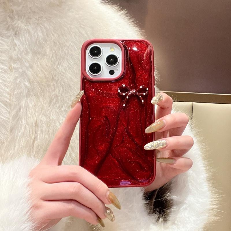 Luxury Shiny Polka Dot Bowknot Solid Color Phone Case For iPhone 16 15 14 13 12 Pro Max 11 Fashion Shockproof Protective Cover