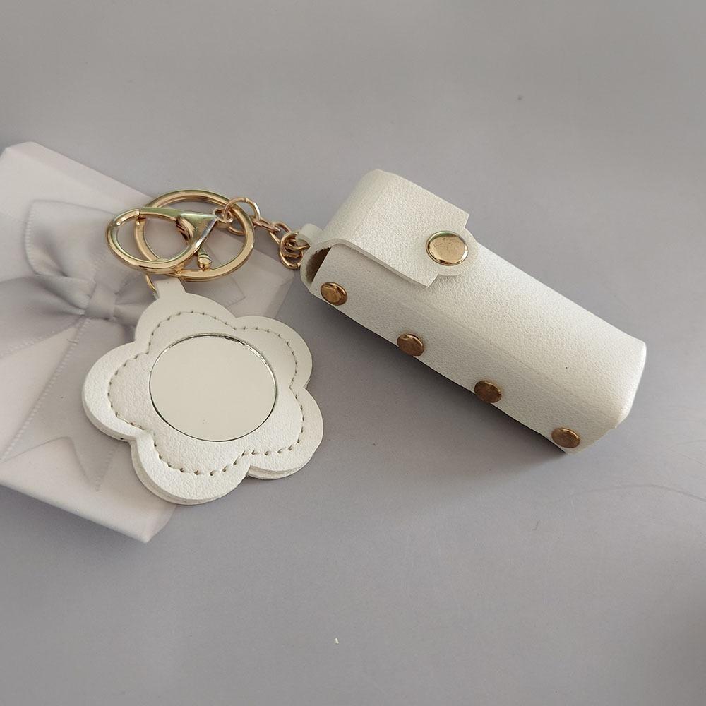 Portable Lipstick Bag Packet PU Leather Backpack Hangings New Flower Mirror Keychain  Keyring Gift