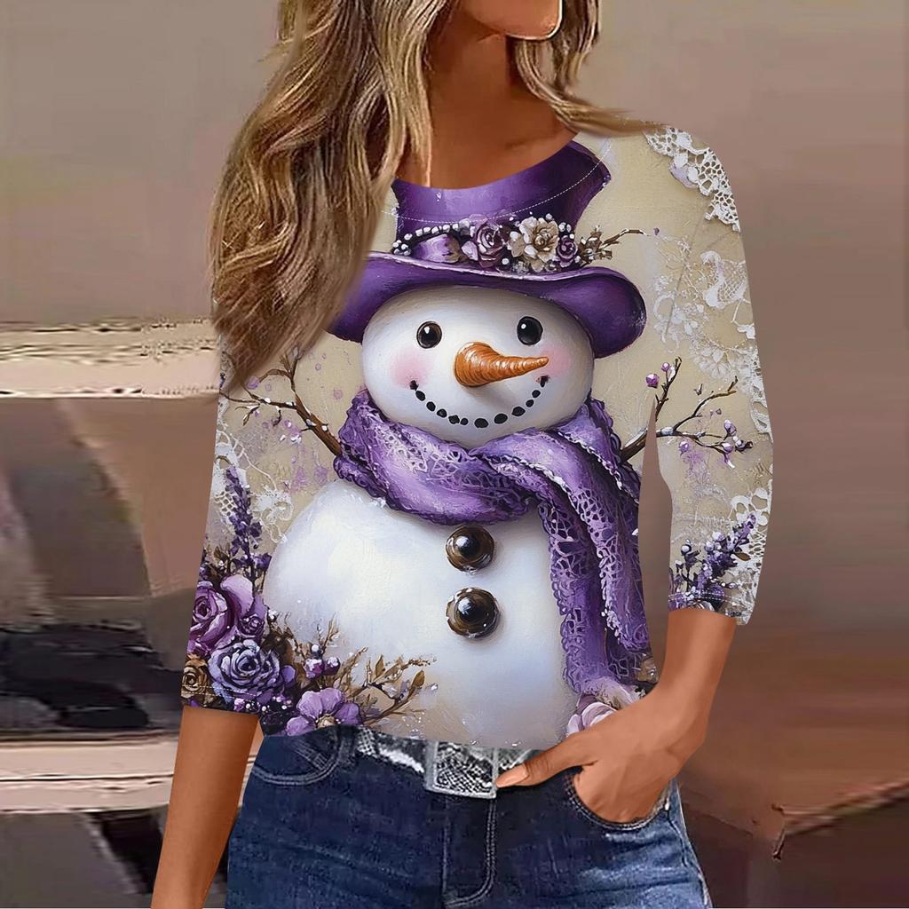 Dámská vánoční košile s kulatým výstřihem a potištěným sedmičtvrtečním rukávem.