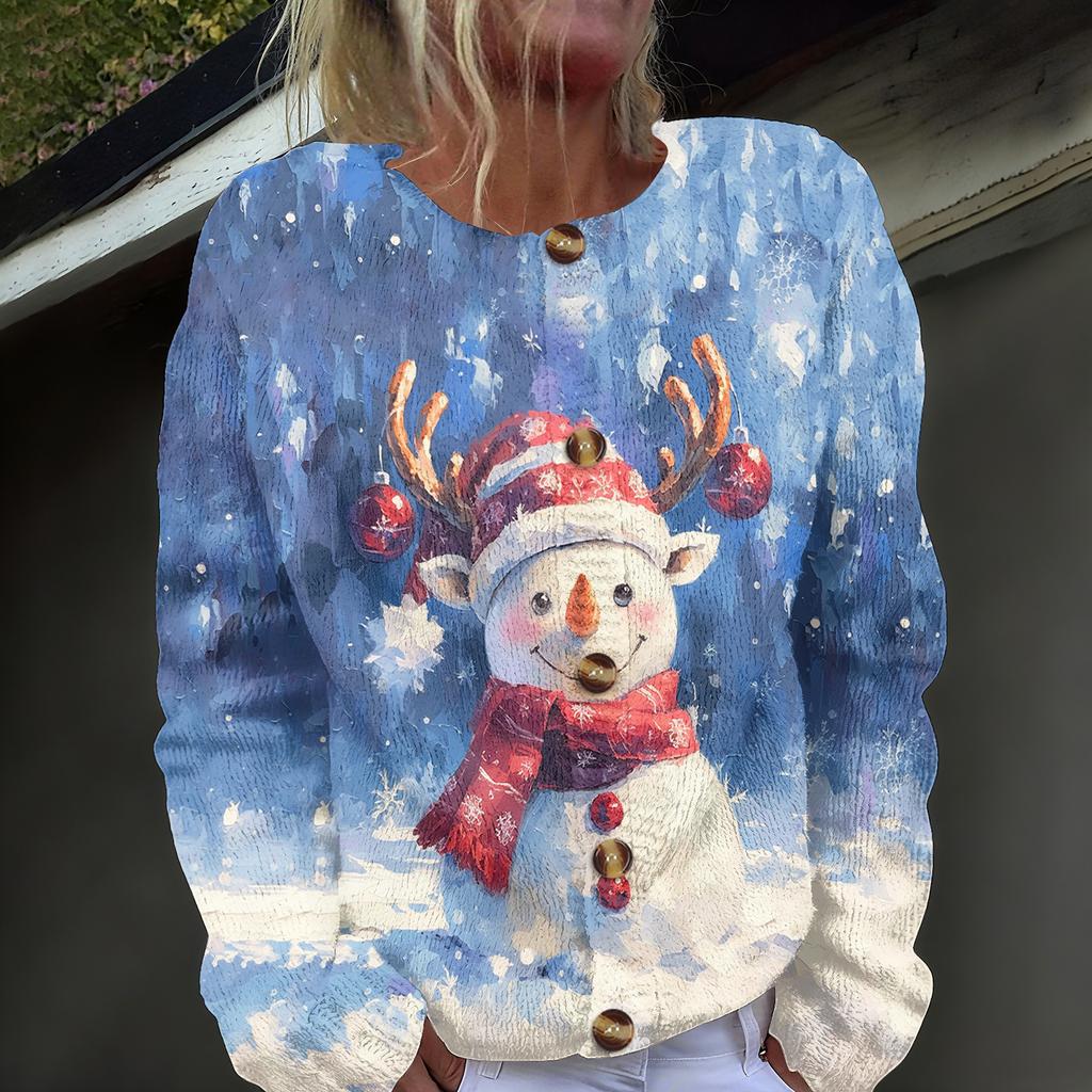 Women's Fashion Christmas Printed Long Sleeve Knitted Cardigan Button Down Jacket