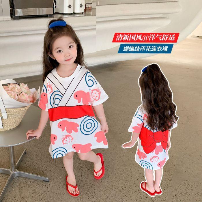 Girls Summer Cartoon Two-Piece Look Short Sleeve Sweet Dress 90