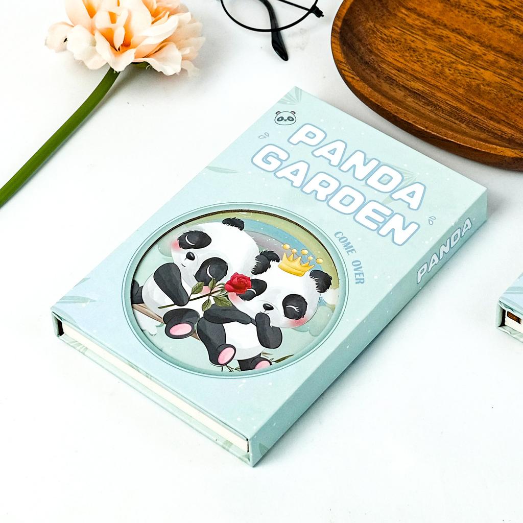 Cute Hand-Painted Panda Series Sky Blue Base Color Hard Shell Three Fold Magnetic Buckle Notebook Fun Cartoon Handbook