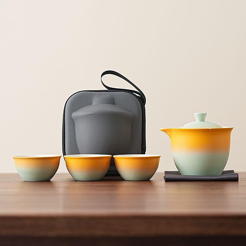 

Gradient Travel Tea Set, Ceramic Kuai Ke Cup Portable Package Outdoor Minimalist Style Cup Office Use, One Pot with Three Cups