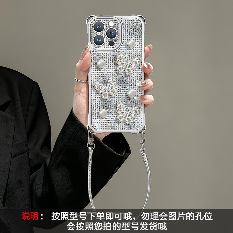 Perlmutt Schmetterling passt für iPhone 17, Handyhülle, 15 vierseitige Handschlaufe, iPhone 16 Pro Max Umhängetasche 14, Ständer 13