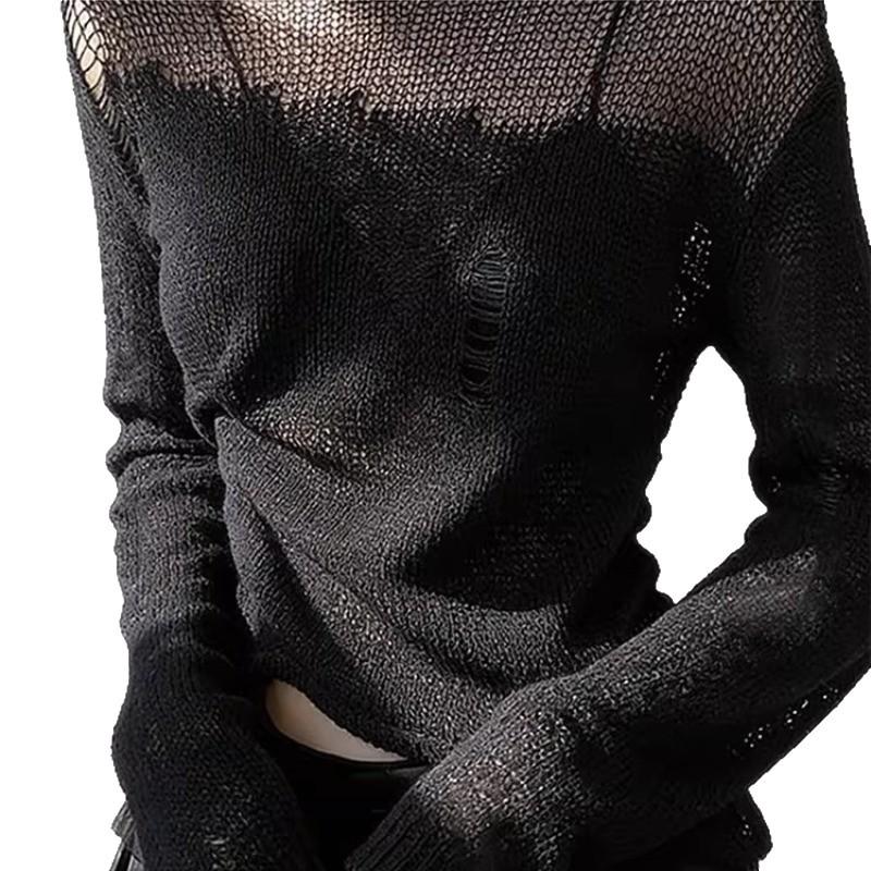 Women's Black Mesh Splice Long-Sleeve Fashionable T-Shirt - Trendy Spring Style