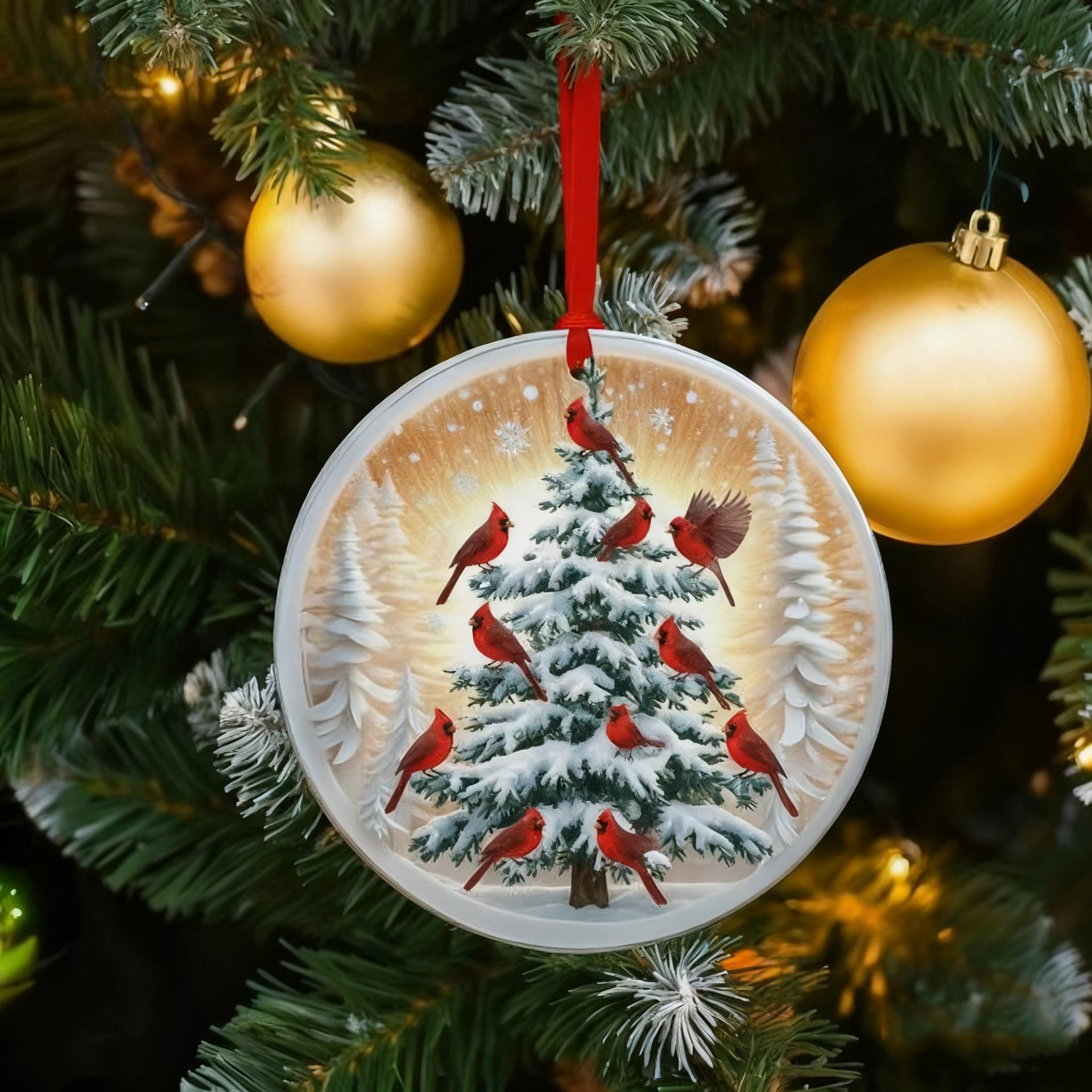 

Christmas Ornaments With Red And Snowbirds, Winter Sunrise Decorations, Holiday Decorations One Size