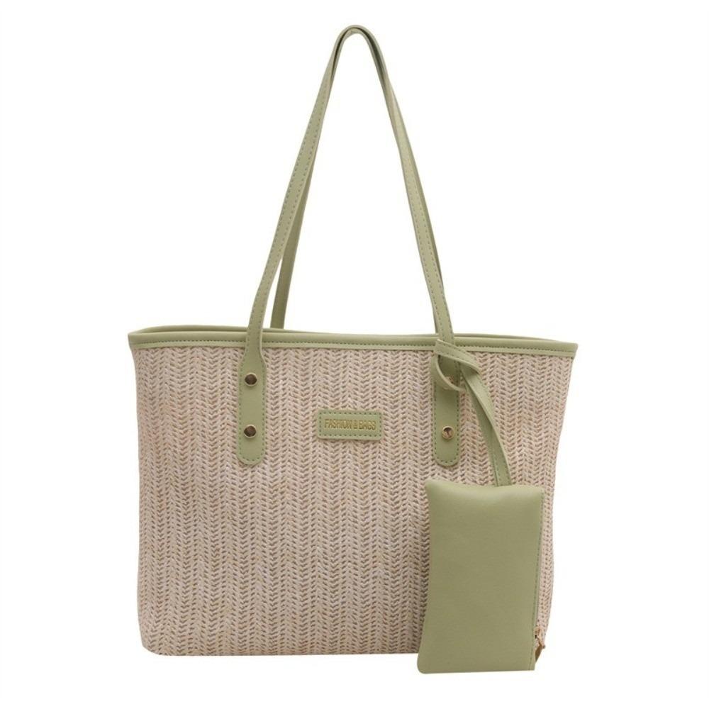 

PU Straw Shoulder Bag Large Capacity Beach Straw Handbag Sweet Weave Tote Bag Beach зелений