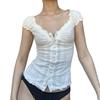 Women Fashion Solid Color Shirts Puff Short Sleeve V-Neck Blouses Summer Button-Down Casual Tops
