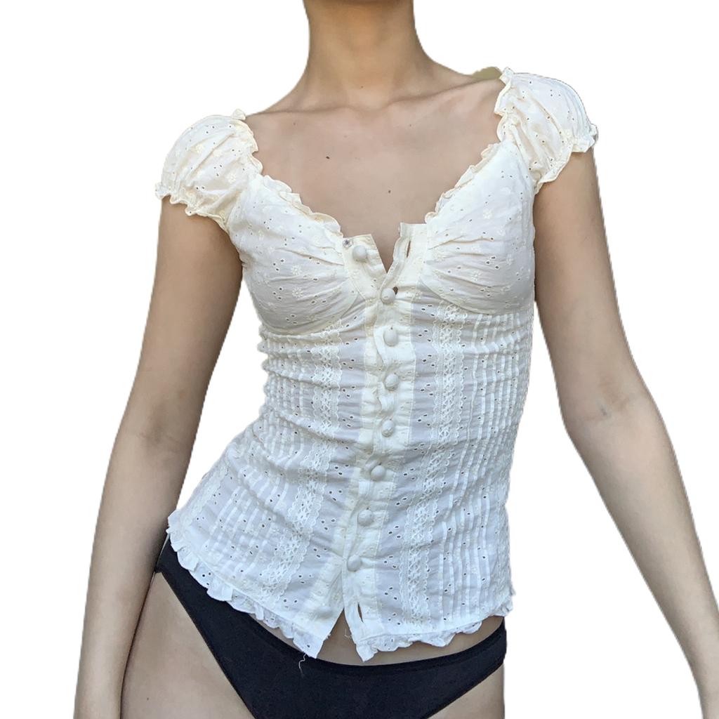 Women Fashion Solid Color Shirts Puff Short Sleeve V-Neck Blouses Summer Button-Down Casual Tops