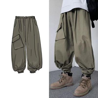 Calças de corrida japonesas masculinas de cor sólida com bolso e cordão, calças casuais de hip hop, calças retas, retrô, calças cargo de perna larga