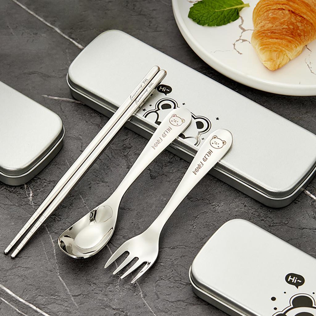 4Pcs/Set Portable Outdoor Cutlery 316 Stainless Steel Chopsticks Spoons Forks With Iron Box Cute Dinnerware Set For Student Kids