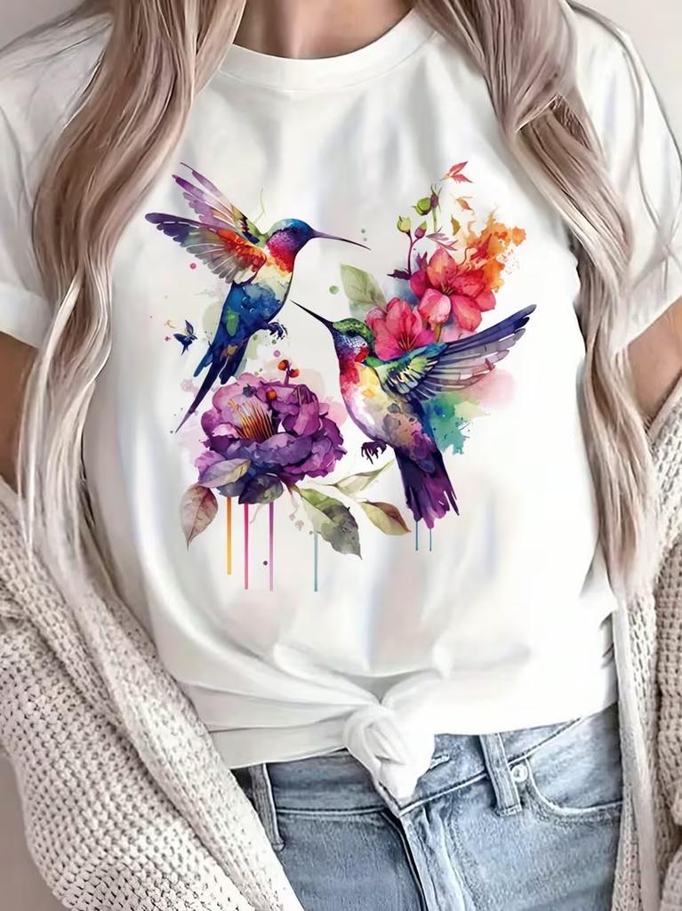 Unisexs Colorful Hummingbird Graphic Tee Crew Neck Short Sleeve Soft Comfortable Casual Daily TShirt