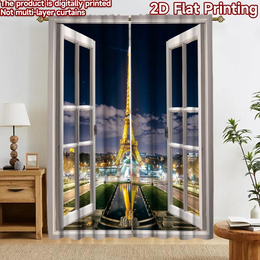 2D flat printing 2pcs Curtain Curtains Paris Eiffel Tower Night Digital Printed Polyester Drapes Seasonal Party & Holiday Decor 60×150cm(23.6×59in)