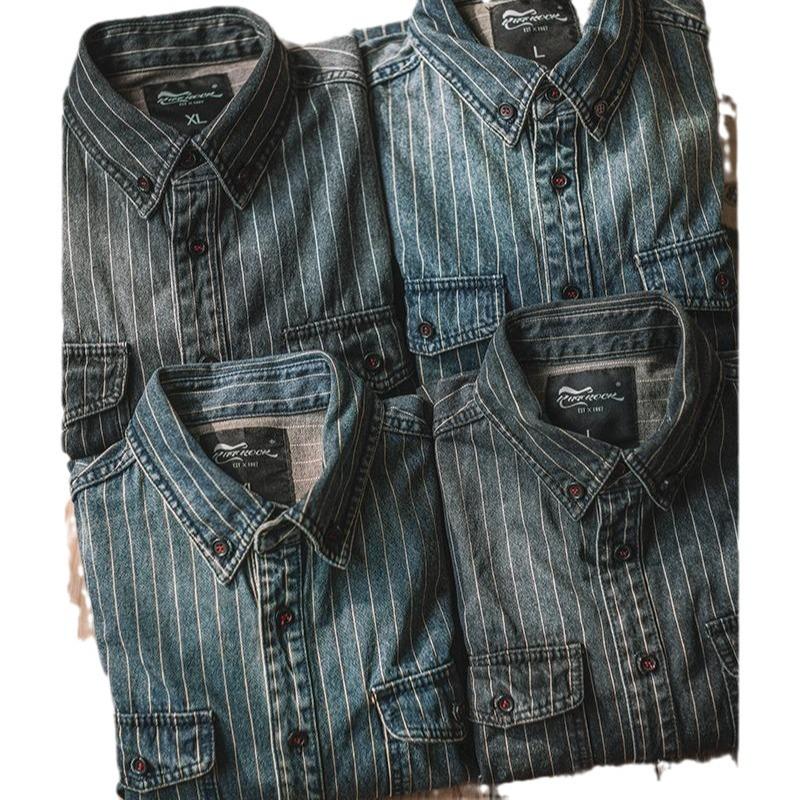 Men's Heavyweight Retro American Khaki Denim Shirt, Vertical Stripes, Washed Distressed, Long-sleeved Workwear.