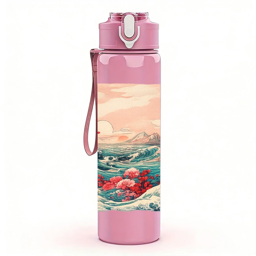 1PC Ocean Wave Mountain Watercolor Print 750ml Color Plastic Sports Water Bottle Leakproof Flip Straw Lid Suitable for Sports Office Home Use