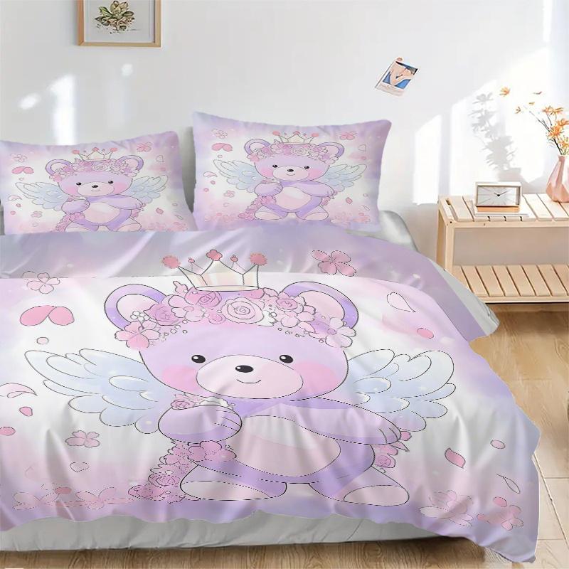 3pcs Purple Bear Pattern Bedding Three-Piece Set (1 Cover + 2 Pillowcases, No Fillings), This Printed Bedding Set Is Soft and Comfortable, S