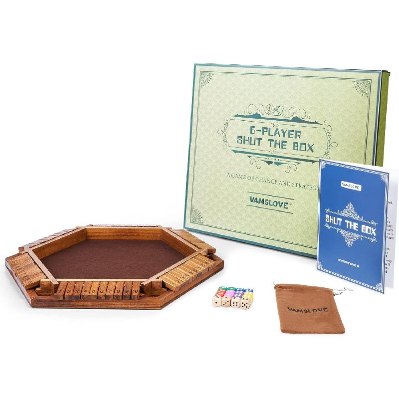 Vamslove Shut The Box Dice Game Wooden Board (L15 X W13) for 1 2 3 4 5 6 Player, 6 Sided 10 Numbers Math Games with 16 Dices for Kids