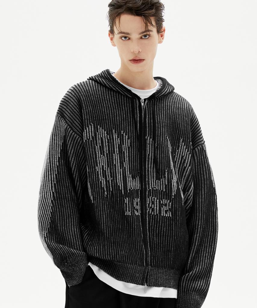 TRILLION Washable Two-Tone Hooded Zip-Up Graphic Knit (Black)