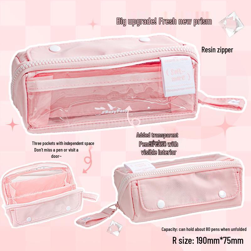 RosyPosy Transparent Prism Pencil Case: Spacious, Triple-Zipper Design for Students
