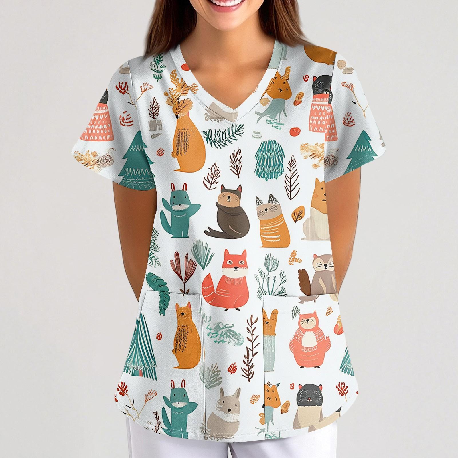 

Плюс размерСкраб с принтом Рабочая форма Топы для женщин Крест V-образным вырезом Хэллоуин Принт с короткими рукавами Забавные футболки Спецодежда Футболка с карманами L