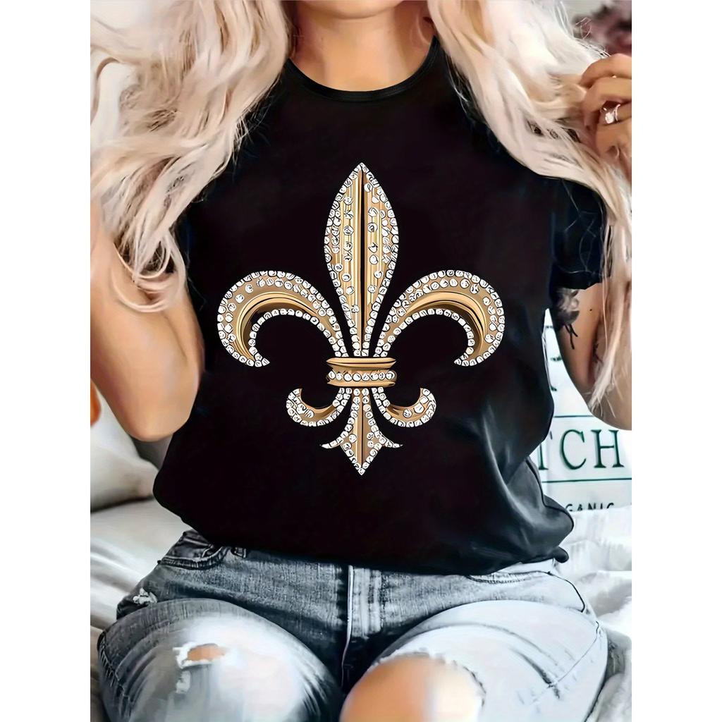 Women's Casual Short Sleeve T-Shirt with Geometric Print - Soft Stretch Round Neck Top