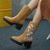 Embroidered Platform Block Heel Single Boots Autumn New Round Toe Suede Non-Slip Wear-Resistant Side Zip Mid-Tube Boots