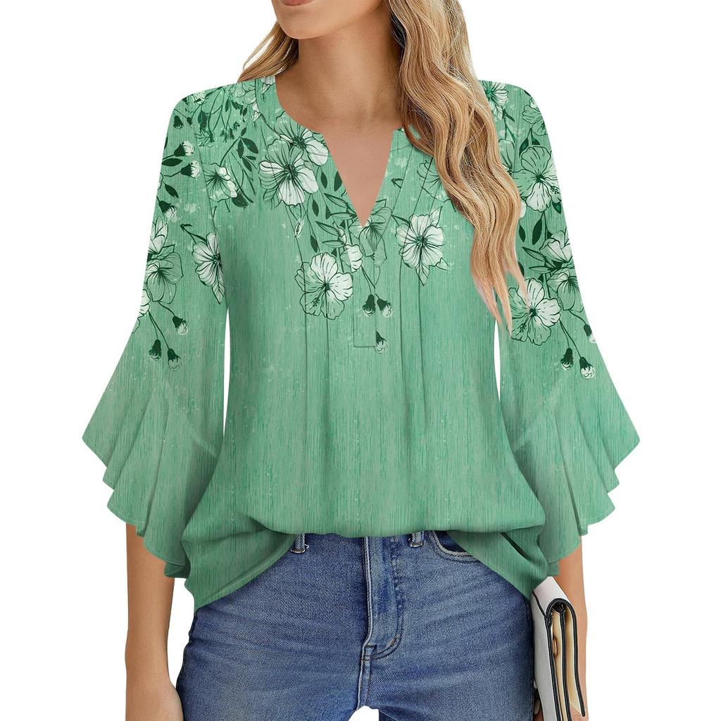 Women's Fashion Casual Pleated V-Neck Solid Color Three-quarter Sleeve T-Shirt Elegant Top