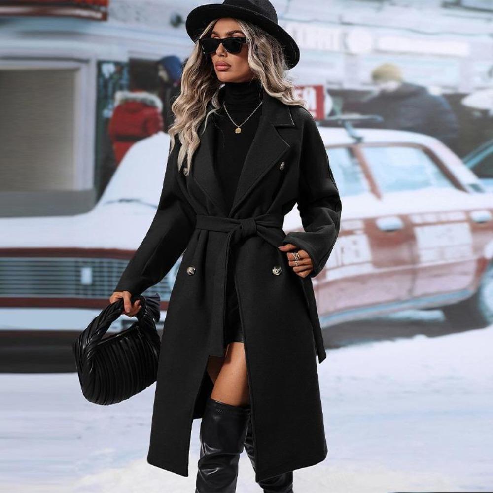 Women s Turn Down Collar Long Sleeve Loose Fit Belted Long Wool Blend Overcoat S чёрный